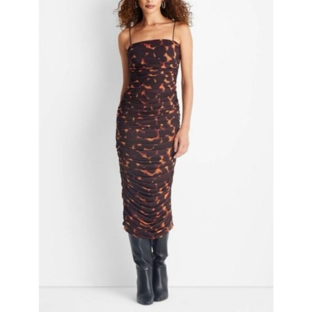 Future Collective Kahlana Barfield Brown Ruched Mesh Midi Dress Tortoise Xxs